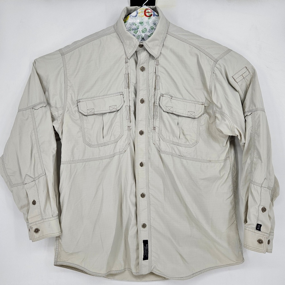 5.11 Tactical Shirt Mens Large Button Up Outdoor Long Sleeve Tan FLAWS